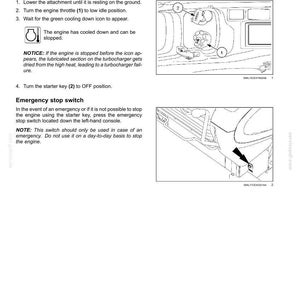 Puede incluir: Diagrama de los controles del motor con instrucciones numeradas. Incluye un acelerador, una llave de contacto y un interruptor de parada de emergencia. El texto explica c&oacute;mo detener el motor y usar el interruptor de parada de emergencia. La p&aacute;gina est&aacute; etiquetada como "4 - INSTRUCCIONES DE FUNCIONAMIENTO."