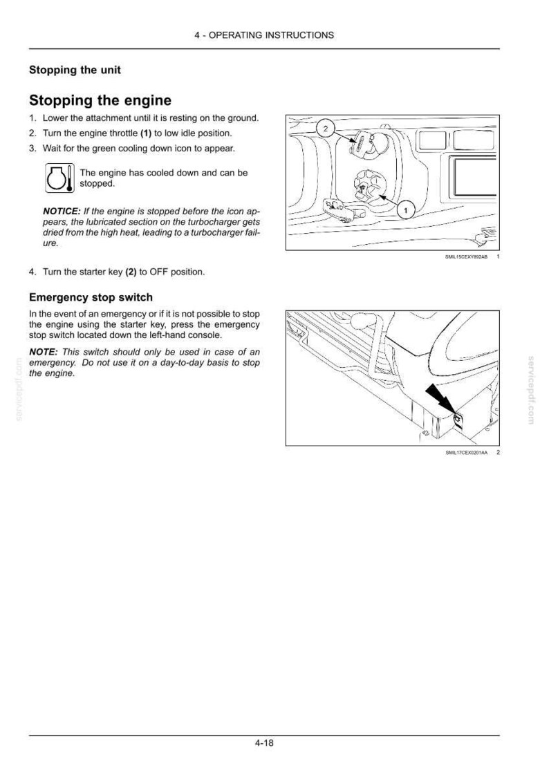 Puede incluir: Diagrama de los controles del motor con instrucciones numeradas. Incluye un acelerador, una llave de contacto y un interruptor de parada de emergencia. El texto explica c&oacute;mo detener el motor y usar el interruptor de parada de emergencia. La p&aacute;gina est&aacute; etiquetada como "4 - INSTRUCCIONES DE FUNCIONAMIENTO."