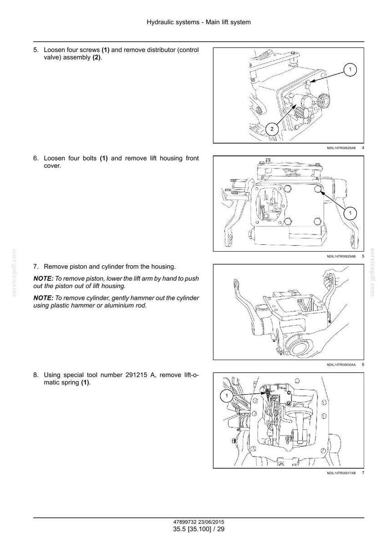 May include: Diagram illustrating the main lift system of a hydraulic system, with numbered components and instructions. Shows how to remove screws, bolts, and parts such as the distributor, lift housing front cover, piston, cylinder, and lift-o-matic spring.