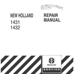 May include: A New Holland repair manual for models 1431 and 1432. The cover features a black and white line drawing of agricultural machinery, the text New Holland Repair Manual, and a logo with the text New Holland Service over diagonal stripes.