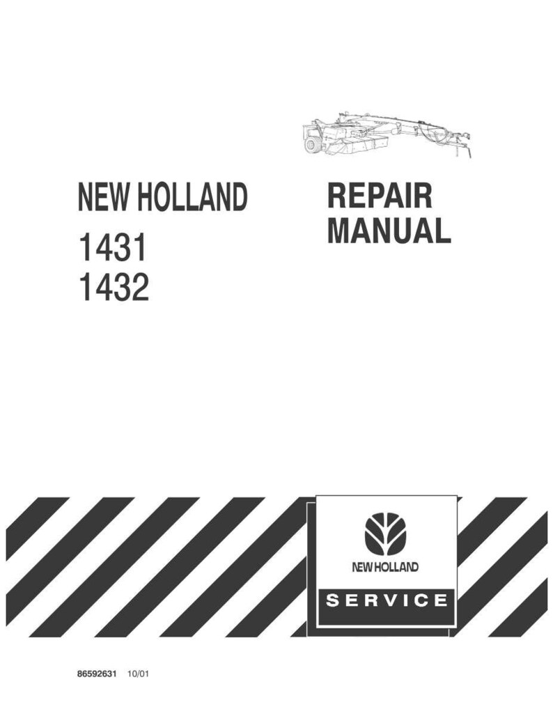 May include: A New Holland repair manual for models 1431 and 1432. The cover features a black and white line drawing of agricultural machinery, the text New Holland Repair Manual, and a logo with the text New Holland Service over diagonal stripes.