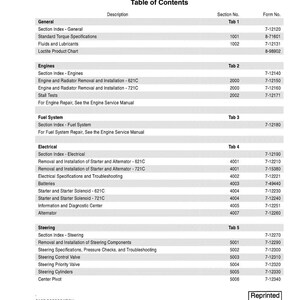 May include: A printed service manual for 621C/721C Loaders. The table of contents lists sections for general information, engines, fuel systems, electrical components, and steering. The manual includes form numbers and section numbers.