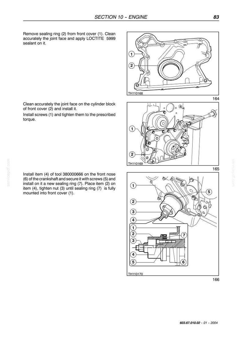 May include: Diagrams from a manual showing engine components and assembly instructions. The diagrams are labeled with numbers and arrows, illustrating the steps for assembling various engine parts, including sealing rings and screws. The text reads "SECTION 10 - ENGINE".