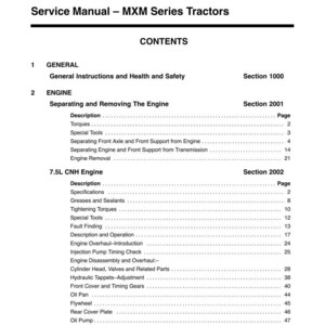 May include: A service manual for MXM Series Tractors by CASE III. The manual's contents include sections on general instructions, engine separation, and a 7.5L CNH engine. The table of contents lists descriptions, specifications, and tools.