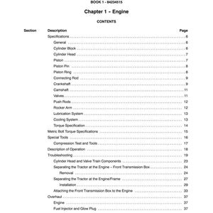 May include: A page from a manual titled "SECTION 10 - ENGINE" with a table of contents. The table lists engine components such as "Cylinder Head", "Piston", and "Crankshaft". The book's title is "BOOK 1 - 84234515".
