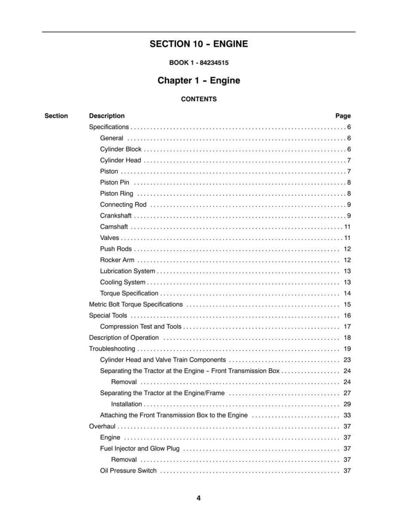 May include: A page from a manual titled "SECTION 10 - ENGINE" with a table of contents. The table lists engine components such as "Cylinder Head", "Piston", and "Crankshaft". The book's title is "BOOK 1 - 84234515".