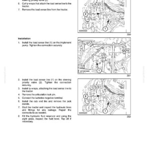 May include: A page from a manual detailing hydraulic systems, specifically Section 35, Chapter 1. The page includes diagrams with numbered components and instructions for installation and maintenance, such as disconnecting and connecting load sense lines.