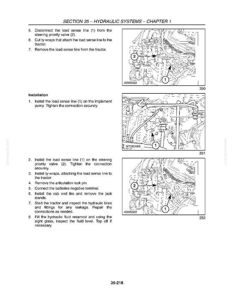 May include: A page from a manual detailing hydraulic systems, specifically Section 35, Chapter 1. The page includes diagrams with numbered components and instructions for installation and maintenance, such as disconnecting and connecting load sense lines.