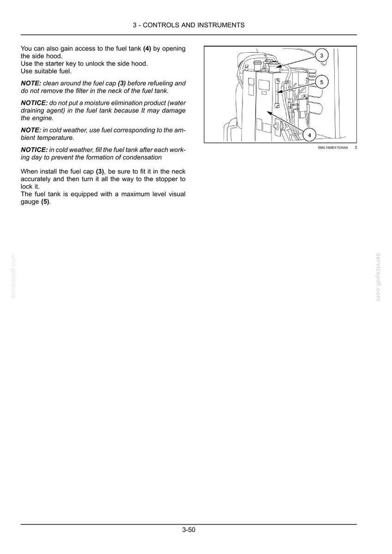 K&ouml;nnte beinhalten: Eine Seite aus einem technischen Handbuch mit dem Titel 3 - CONTROLS AND INSTRUMENTS, die eine schwarz-wei&szlig;e Strichzeichnung einer Kraftstofftankanlage zeigt. Das Diagramm enth&auml;lt die nummerierten Hinweise 3, 4 und 5 sowie Anweisungen zum Kraftstofftank.