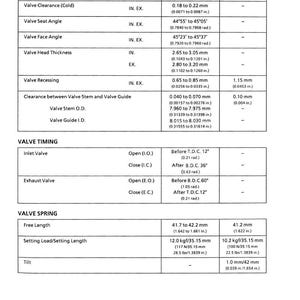 May include: A detailed technical specification sheet for engine valves, including measurements for valve clearance, seat angle, head thickness, and spring specifications. Measurements are provided in inches and millimeters.