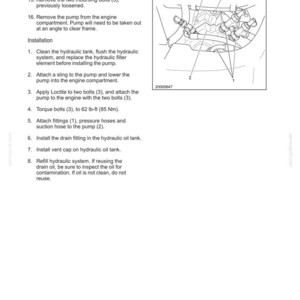 May include: A technical manual page titled SECTION 7 - HYDRAULIC SYSTEM, featuring a black and white line drawing of a hydraulic pump assembly with numbered components 1, 2, and 3, alongside numbered installation instructions and torque specifications.