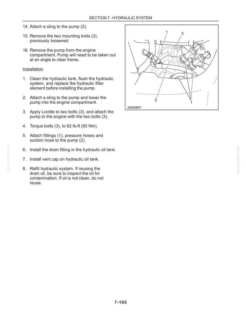 May include: A technical manual page titled SECTION 7 - HYDRAULIC SYSTEM, featuring a black and white line drawing of a hydraulic pump assembly with numbered components 1, 2, and 3, alongside numbered installation instructions and torque specifications.