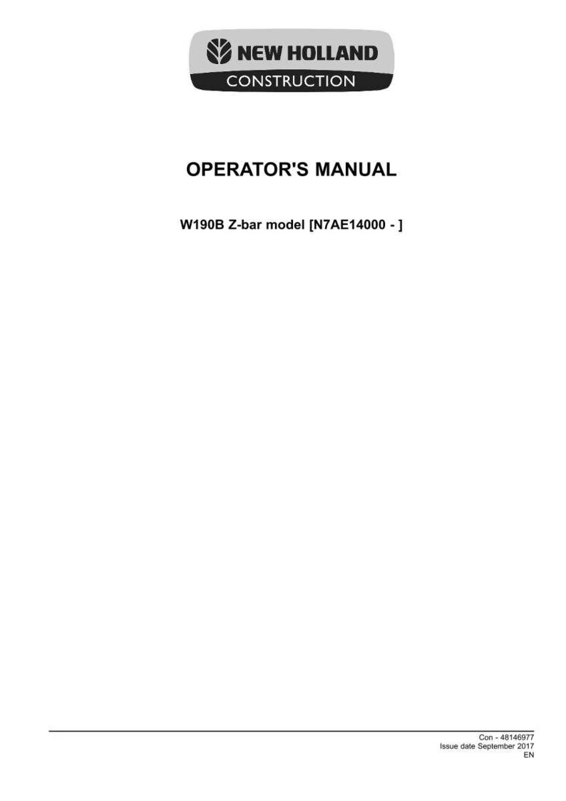 Może przedstawiać: Biała instrukcja obsługi sprzętu New Holland Construction. Okładka zawiera logo New Holland Construction, tekst OPERATOR'S MANUAL, model W190B Z-bar, numer N7AE14000 oraz datę wrzesień 2017.