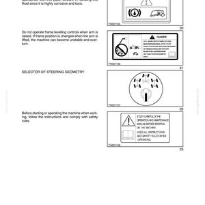 May include: Page from a manual with safety instructions. Includes diagrams and warnings about brake fluid, frame leveling, and steering geometry. Text advises caution and following safety rules.