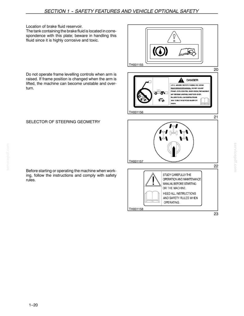 May include: Page from a manual with safety instructions. Includes diagrams and warnings about brake fluid, frame leveling, and steering geometry. Text advises caution and following safety rules.