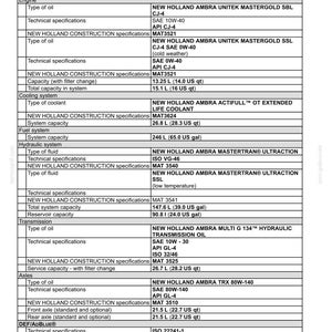 May include: A technical maintenance document titled Fluids and lubricants W130C Capacities and specifications. The table lists engine oil, cooling system, fuel, hydraulic, transmission, axle, and DEF/AdBlue fluid types and capacities in litres and US units.