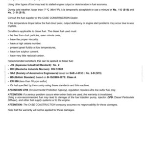 May include: A page from a maintenance manual detailing fuel specifications. Text includes grade number 2-D (S15) fuel, diesel fuel conditions, and warnings about using non-recommended fuels. The page is white with black text.