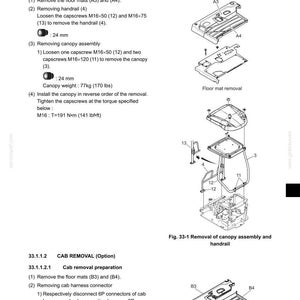 May include: A technical manual page titled 33. UPPER SLEWING STRUCTURE detailing canopy and cab removal. It includes numbered instructions, diagrams of floor mats and canopy assembly, and technical specifications like M16 capscrews and 77kg weight.
