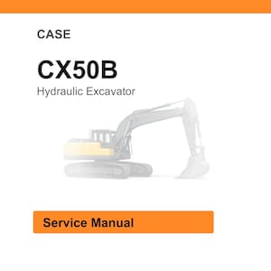 May include: A white background with an orange header and footer. The text "CASE" is above the bold text "CX50B Hydraulic Excavator". Below is an illustration of a hydraulic excavator. The text "Service Manual" is in an orange rectangle.