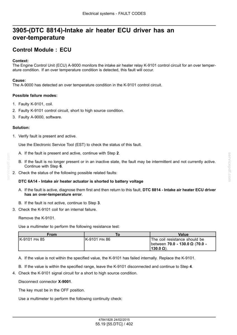 May include: A technical document titled "Electrical systems - FAULT CODES" with troubleshooting steps for an intake air heater ECU driver experiencing over-temperature issues. Includes fault codes, possible causes, and solutions.
