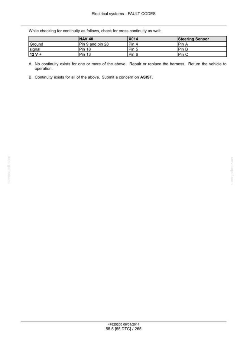 May include: A white document with the title "Electrical systems - FAULT CODES" and a table detailing fault codes for NAV 40, X014, and Steering Sensor. Instructions are provided for continuity checks.