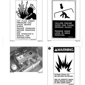May include: A page from a manual with safety warning decals. Warnings include hot fluid, falling engine hood, and battery hazards. The image shows diagrams and text for safe operation and maintenance.