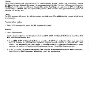 May include: Document detailing DTC E98E-Upstream NOx sensor values, including context, cause, and possible failure modes. It provides solutions for related faults, referencing the smart Diesel Oxidation Catalyst (DOC) and Engine Control Unit (ECU).