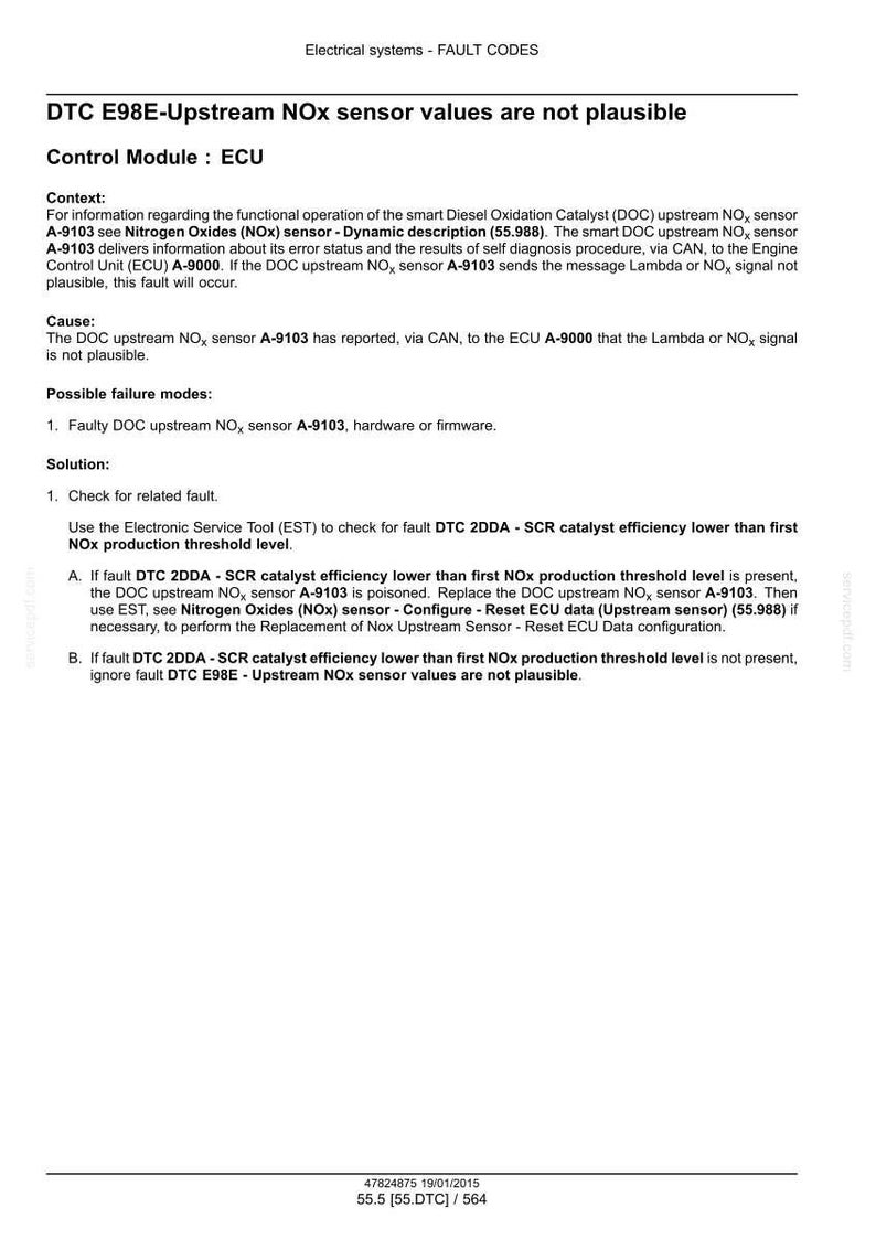 May include: Document detailing DTC E98E-Upstream NOx sensor values, including context, cause, and possible failure modes. It provides solutions for related faults, referencing the smart Diesel Oxidation Catalyst (DOC) and Engine Control Unit (ECU).