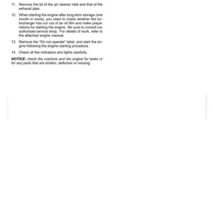 May include: A page from a maintenance manual titled 6-MAINTENANCE, numbered 6-66. It lists instructions 9 through 14 regarding gear oil, cylinder rods, air cleaner lids, engine storage, Do not operate labels, and checking for leaks or broken parts.