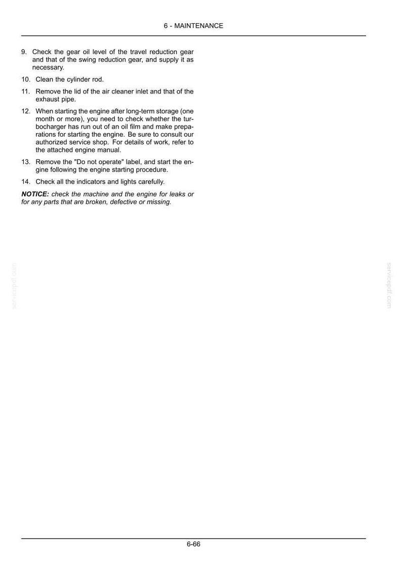 May include: A page from a maintenance manual titled 6-MAINTENANCE, numbered 6-66. It lists instructions 9 through 14 regarding gear oil, cylinder rods, air cleaner lids, engine storage, Do not operate labels, and checking for leaks or broken parts.