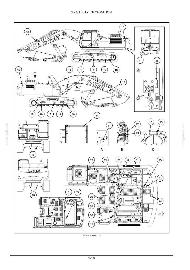 May include: An engineering diagram of a CASE excavator, featuring multiple views and detailed component labels. The diagram includes side profiles, front views, and internal component layouts, with the text "2 - SAFETY INFORMATION" at the top.