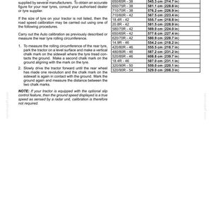 May include: A technical document page titled 3-CONTROLS AND INSTRUMENTS containing a table of Rear Tyre Rolling Circumferences. It lists various tyre sizes and their corresponding rolling circumference measurements in centimeters and inches.