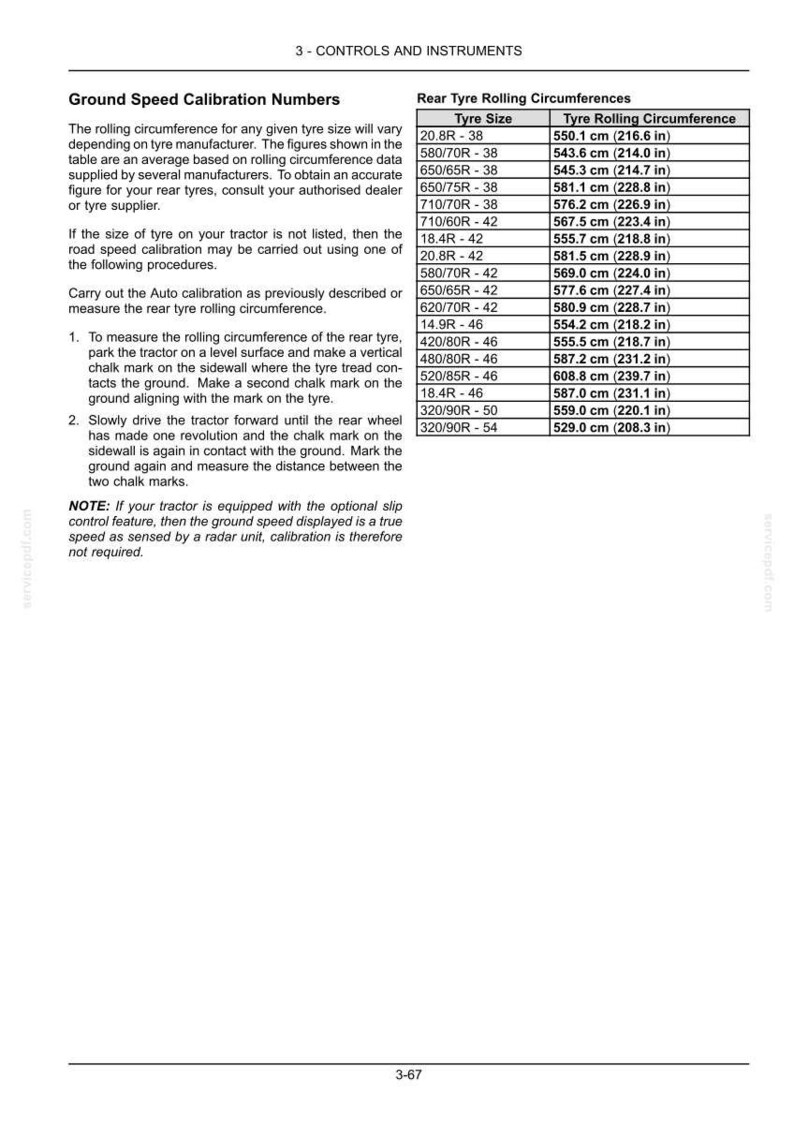 May include: A technical document page titled 3-CONTROLS AND INSTRUMENTS containing a table of Rear Tyre Rolling Circumferences. It lists various tyre sizes and their corresponding rolling circumference measurements in centimeters and inches.