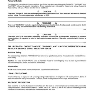 May include: A page from a manual with safety rules and precautionary statements. The text includes "DANGER," "WARNING," and "CAUTION" with associated colors. It also covers machine safety, legal obligations, and accident prevention.