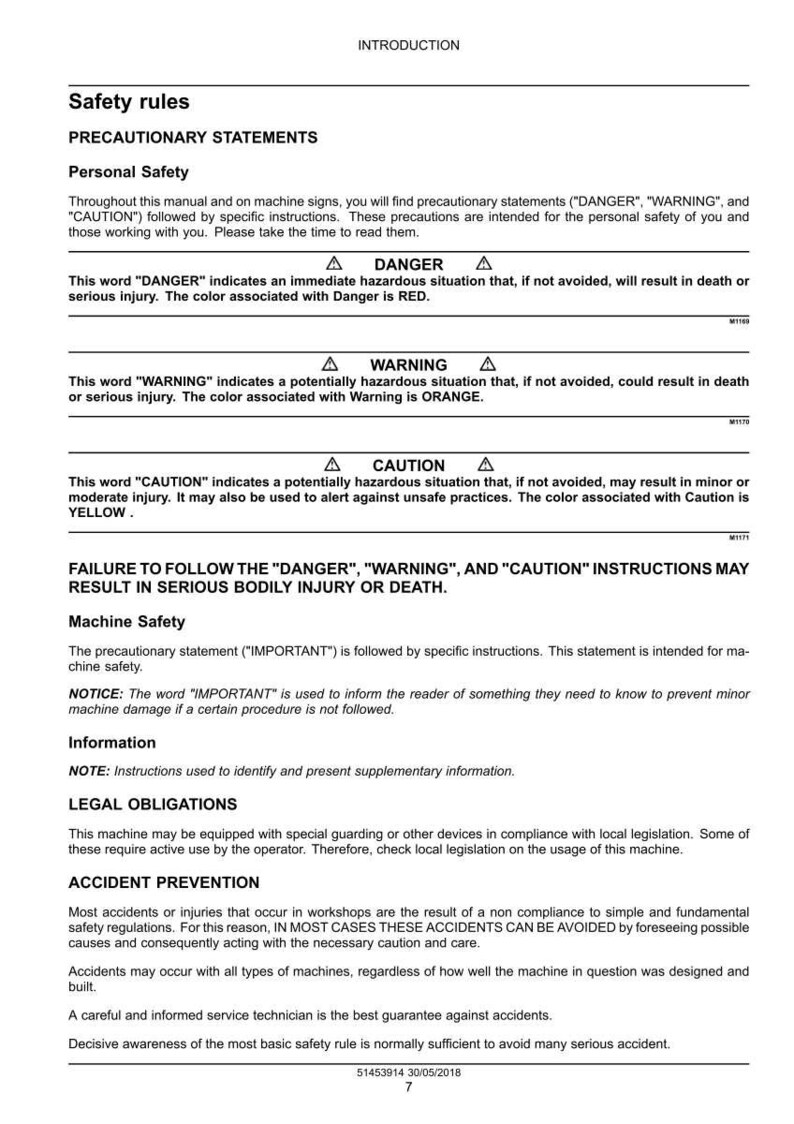 May include: A page from a manual with safety rules and precautionary statements. The text includes "DANGER," "WARNING," and "CAUTION" with associated colors. It also covers machine safety, legal obligations, and accident prevention.