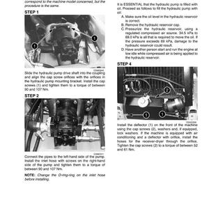 May include: Diagram of hydraulic pump installation steps. Includes images of pump components, arrows indicating assembly, and text instructions. Step-by-step guide with torque specifications in Newton meters.