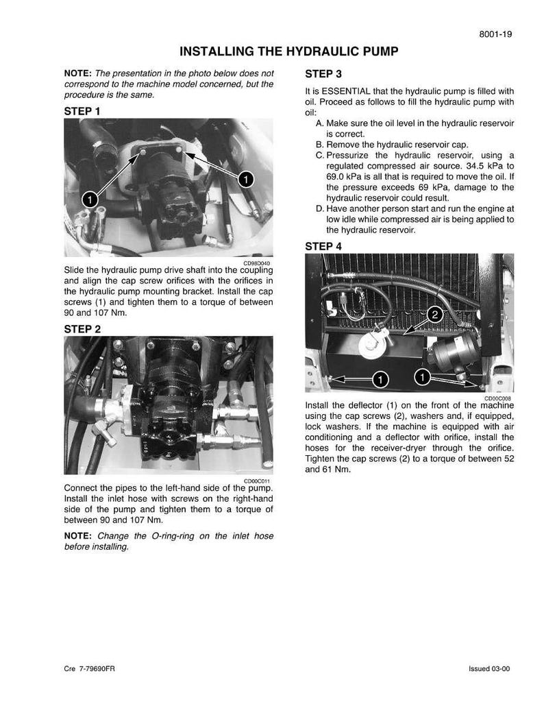 May include: Diagram of hydraulic pump installation steps. Includes images of pump components, arrows indicating assembly, and text instructions. Step-by-step guide with torque specifications in Newton meters.