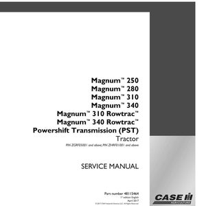May include: A white service manual with the text "Magnum" and "Powershift Transmission (PST)". The manual includes model numbers 250, 280, 310, 340, and Rowtrac versions. The Case IH Agriculture logo is in the lower right corner.