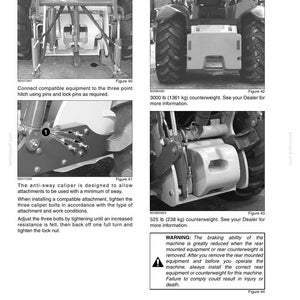May include: A page from an operating instructions manual, featuring diagrams and text about tractor components. The diagrams show an anti-sway caliper and optional rear counterweights. Text includes warnings and instructions for use.