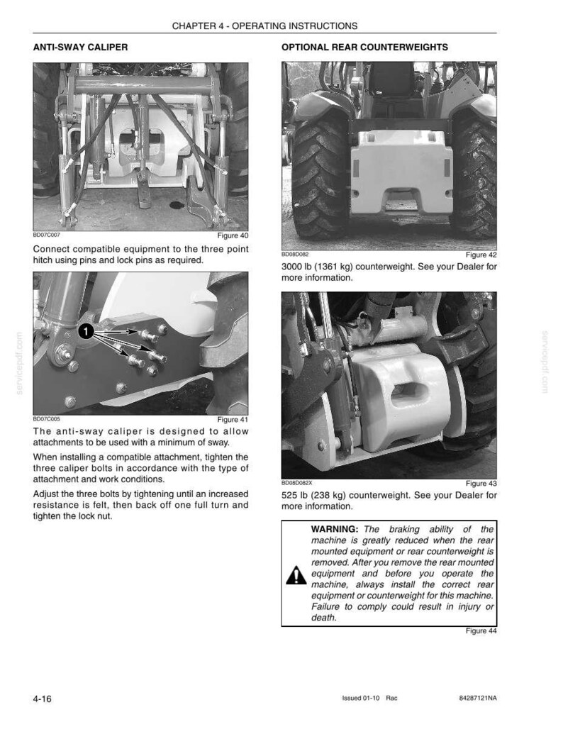 May include: A page from an operating instructions manual, featuring diagrams and text about tractor components. The diagrams show an anti-sway caliper and optional rear counterweights. Text includes warnings and instructions for use.
