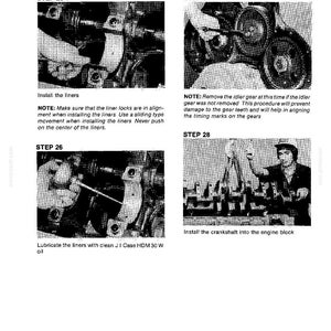 May include: A black and white technical diagram illustrating crankshaft installation steps. The diagram includes close-up images of engine components, with accompanying text instructions for each step. The text includes instructions for installing liners, lubricating parts, and installing the crankshaft.