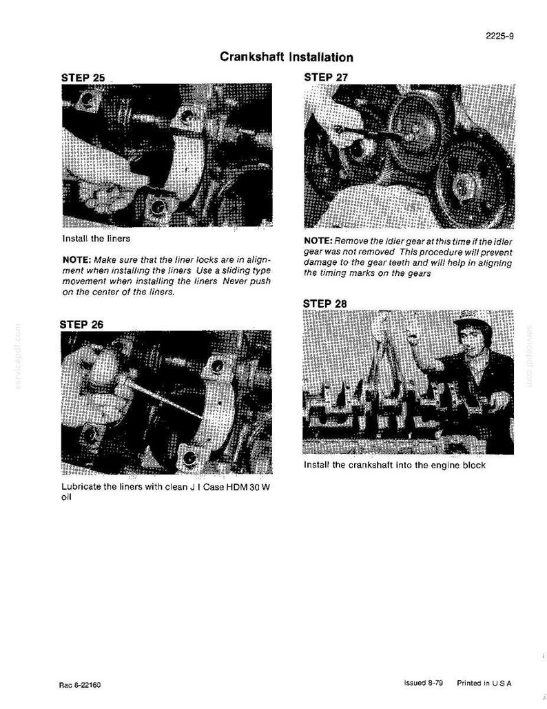 May include: A black and white technical diagram illustrating crankshaft installation steps. The diagram includes close-up images of engine components, with accompanying text instructions for each step. The text includes instructions for installing liners, lubricating parts, and installing the crankshaft.