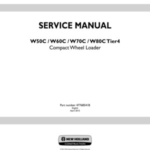 May include: A white service manual cover with the text "SERVICE MANUAL" in bold black letters. Below, it reads "W50C/W60C/W70C/W80C Tier4 Compact Wheel Loader." The bottom of the cover includes the New Holland Construction logo.