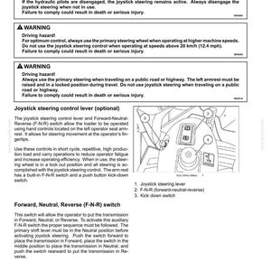 May include: Diagram of a control panel with a joystick steering lever, F-N-R switch, and kick-down switch. The panel includes safety warnings about joystick steering and its use. The diagram is labeled with numbered components.