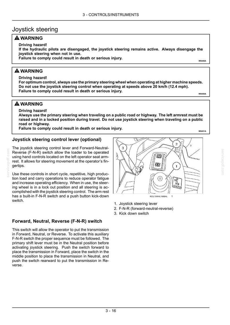 May include: Diagram of a control panel with a joystick steering lever, F-N-R switch, and kick-down switch. The panel includes safety warnings about joystick steering and its use. The diagram is labeled with numbered components.