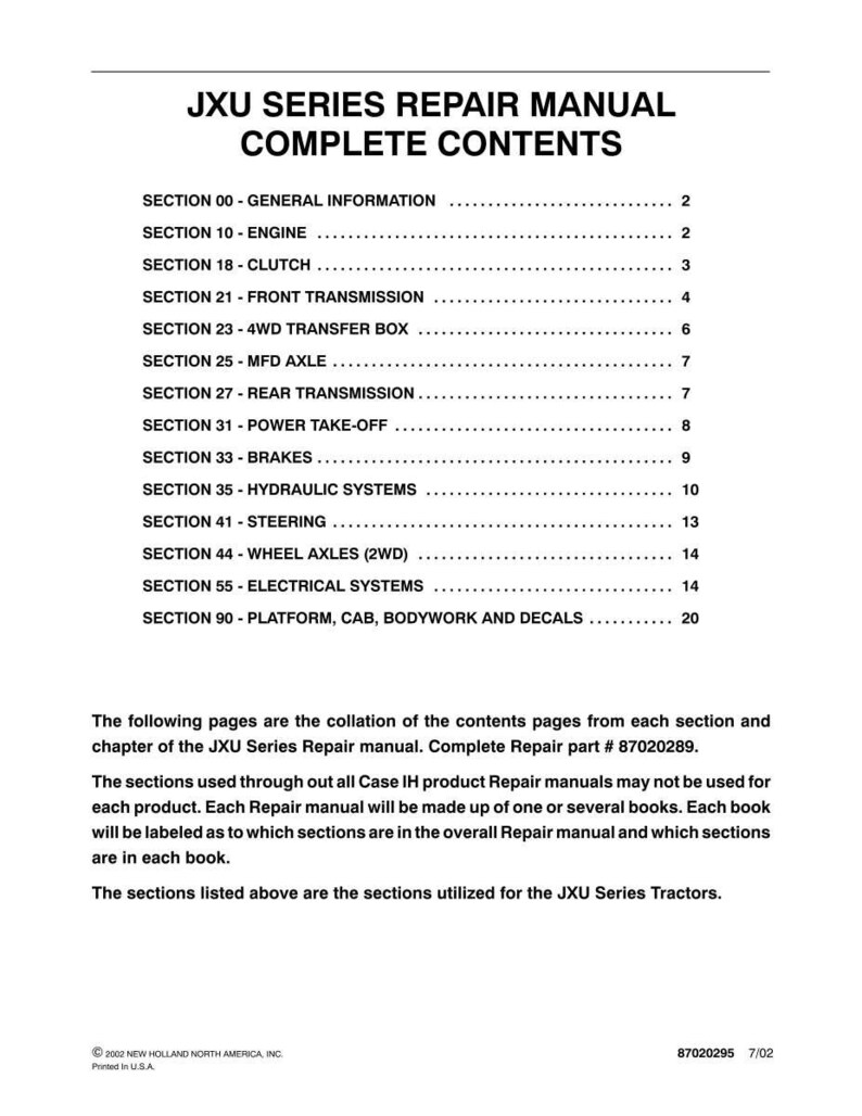 Puede incluir: Una p&aacute;gina impresa del Manual de reparaci&oacute;n de la serie JXU. El documento enumera el contenido completo, incluidas secciones sobre el motor, el embrague, la transmisi&oacute;n, los frenos y los sistemas el&eacute;ctricos. El manual es para tractores de la serie JXU.