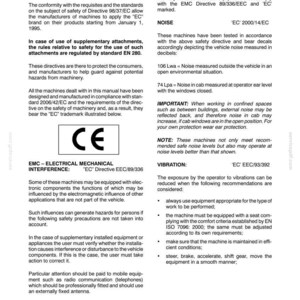May include: A page from a manual detailing safety features and optional vehicle safety, including 'EC' regulations for Europe. The document covers noise and vibration levels, and electrical interference, with the 'CE' mark visible.