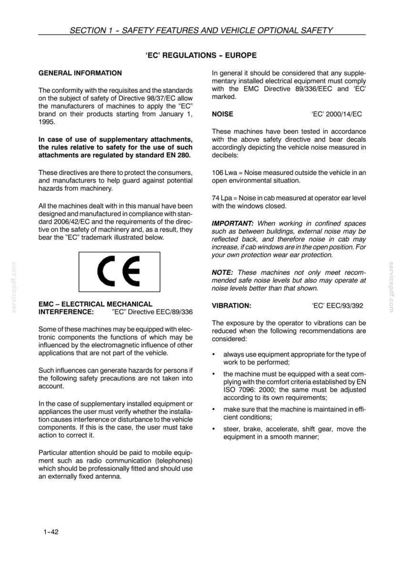 May include: A page from a manual detailing safety features and optional vehicle safety, including 'EC' regulations for Europe. The document covers noise and vibration levels, and electrical interference, with the 'CE' mark visible.