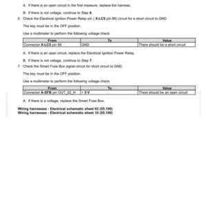 May include: A technical diagram titled "Electrical systems - FAULT CODES" with tables detailing electrical circuit faults. The document includes instructions for troubleshooting and checking voltage, with references to wiring harnesses and specific connector pins.