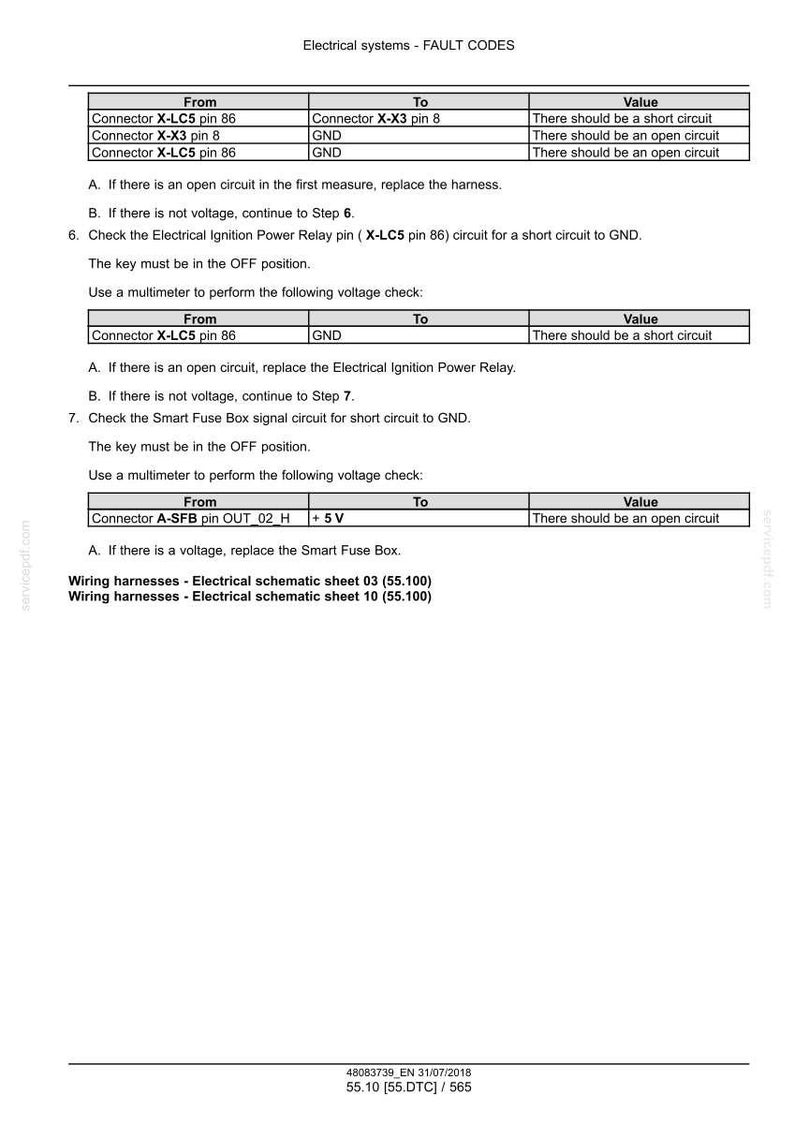 May include: A technical diagram titled "Electrical systems - FAULT CODES" with tables detailing electrical circuit faults. The document includes instructions for troubleshooting and checking voltage, with references to wiring harnesses and specific connector pins.